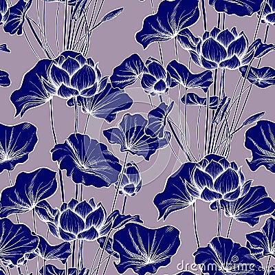 Seamless pattern, background with lotus flower. Botanical illustration style. Vector Illustration