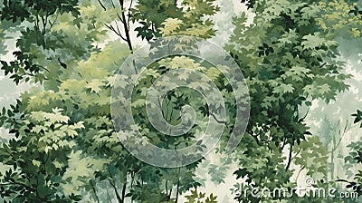 Seamless pattern background of a lush forest scene with a dense canopy of trees in various shades of the green tranquility of Stock Photo