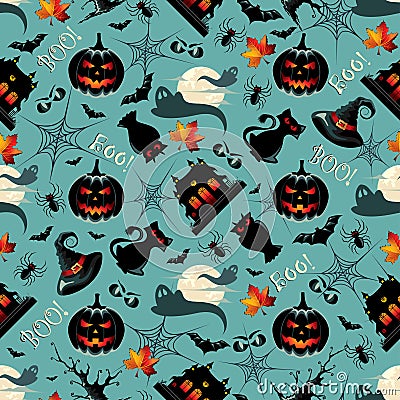 Seamless Pattern Background with many Halloween Symbols Vector Illustration