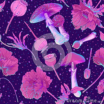 Seamless pattern, background with miraculous, hallucinogenic plants Vector Illustration