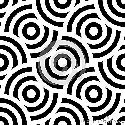 Seamless pattern background ornament of striped concentric circles. Retro mosaic of arches in black and white. Vector Vector Illustration