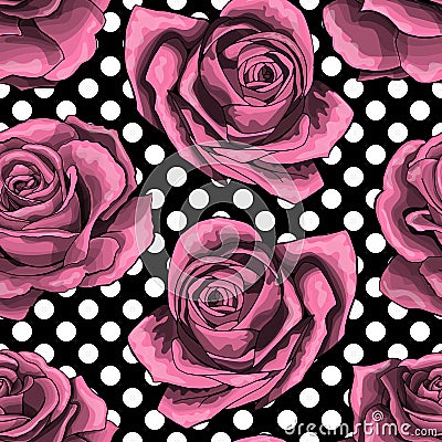 Seamless pattern, background with outlined pink roses, on polka dots background Vector Illustration