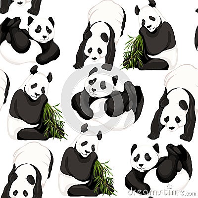 Seamless pattern, background. with pandas and bamboo. Vector Illustration