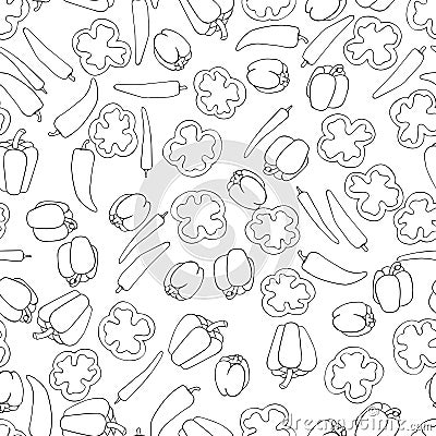 Seamless pattern background peppers. Paprika vector. Vegetable wallpaper. Mexican food. Fresh chilli. Chili outline. Vector Illustration