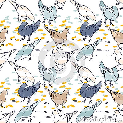 Seamless pattern background. Pigeons hand drawn silhouettes Vector Illustration