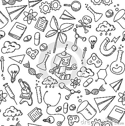 Seamless pattern background Science Equipment kids hand drawing set illustration isolated Vector Illustration