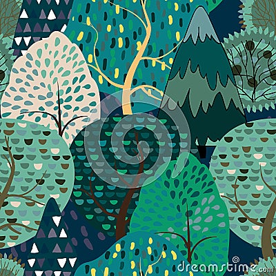 Seamless pattern background with stylized summer trees Cartoon Illustration