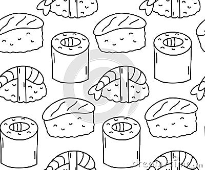 Seamless pattern background with sushi hand drawn doodles. Contour drawing, outline different asian food sushi rolls Vector Illustration