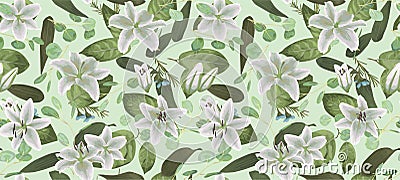 Seamless pattern, background, texture print with light watercolor hand drawn green color,eucalyptus, white lily, plants. Vector Illustration