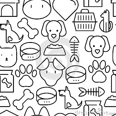 Seamless pattern and background with thin line icons related to pets and animals for pet shop websites and prints. Vector Vector Illustration