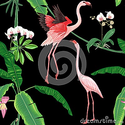 Seamless pattern, background. with tropical plants and flowers with white orchid flowers and tropical birds. Vector Illustration