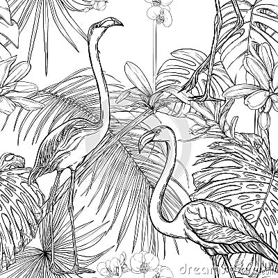 Seamless pattern, background. with tropical plants and flowers with white orchid flowers and tropical birds.n Vector Illustration