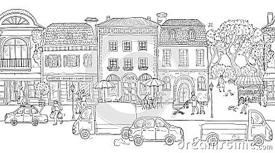 Seamless pattern background. Vector illustration. Urban street in the historic European city. People walking Vector Illustration