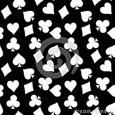 Seamless pattern background of white poker suits - hearts, clubs, spades and diamonds - on black background. Casino Vector Illustration
