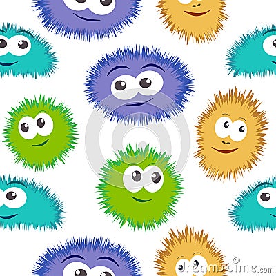 Seamless pattern bacteria with colorful monster face. Vector background with cartoon funny germs Vector Illustration