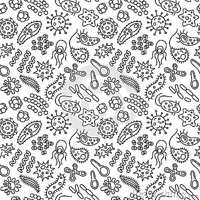 Seamless pattern with bacteria, viruses and germs. Microorganism cells repeating background for textil design, wrapping papper, Cartoon Illustration