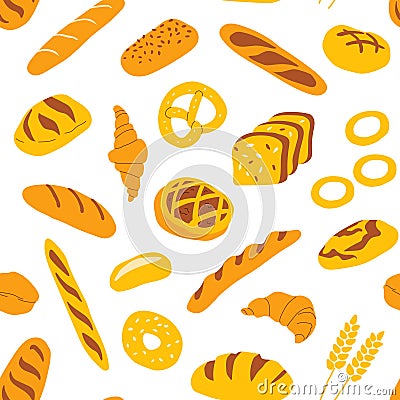 Seamless pattern with bakery and confectionery food. Funny doodle hand drawn texture for fabric, wrapping, textile. Vector Illustration