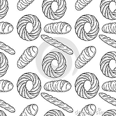 Seamless pattern with bakery products bread and ring shape pastry bun. Hand drawn vector sketch illustration in doodle engraved Vector Illustration