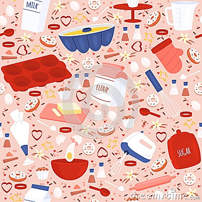 Seamless pattern with baking implements. Pastry cooking, homemade confectionery. Decor kitchen textile, wrapping paper Vector Illustration