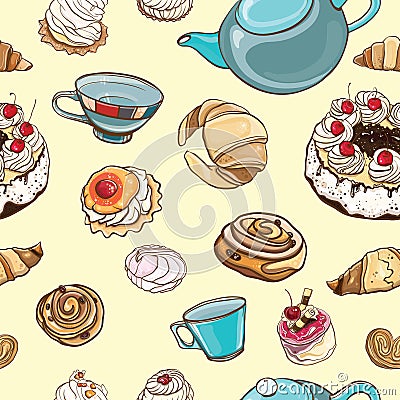 Seamless pattern with baking, pastries, cakes, tea Vector Illustration