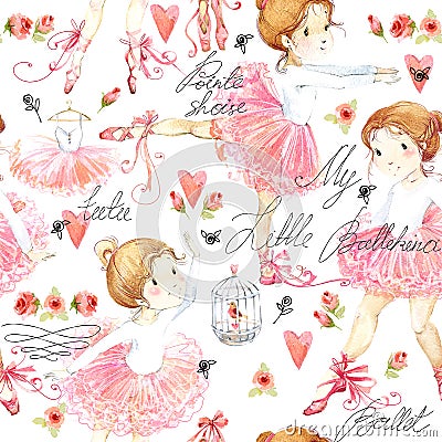 Seamless pattern with Ballerina. Cute ballerina girl. Ballerina watercolor Cartoon Illustration