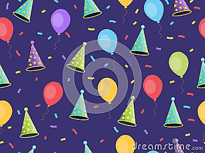 Seamless pattern with balloons and caps, confetti. Festive background of gift wrappers, wallpaper, fabrics. Vector Vector Illustration