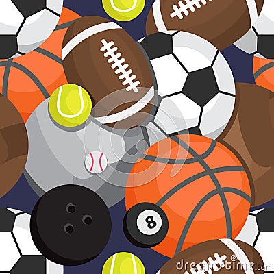 Seamless pattern of balls. Football, volleyball, besketbol, golf Vector Illustration