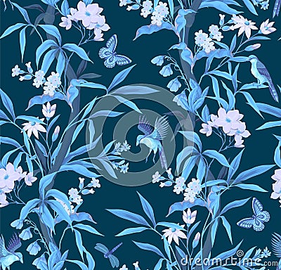Seamless pattern with bamboo, bird and pink flowers. Vector. Vector Illustration