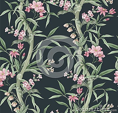 Seamless pattern with bamboo and pink flowers. Vector. Vector Illustration