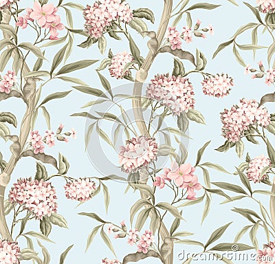 Seamless pattern with bamboo and pink flowers. Vector. Vector Illustration