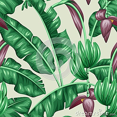 Seamless pattern with banana leaves. Decorative image of tropical foliage, flowers and fruits. Background made without Vector Illustration