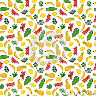 Seamless pattern with bananas, pineapples, tropical leaves Vector Illustration