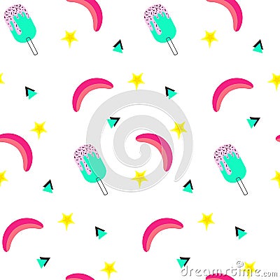 Seamless pattern with bananas and watermelon, ice cream on white background. Memphis vector background. Bright summer Vector Illustration