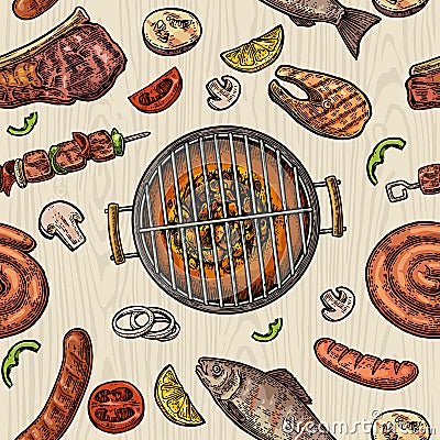 Seamless pattern barbecue grill. Top view charcoal, sausage, fish, steak. Vector Illustration
