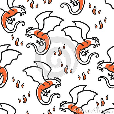 Seamless pattern with basilisk and flames Vector Illustration