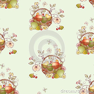 Seamless pattern from basket with ripe fruits,flowers and butterflies Vector Illustration