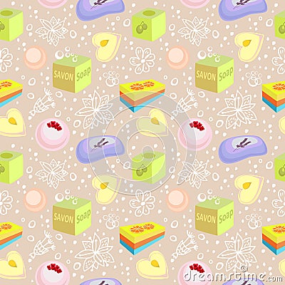 Seamless pattern with bath soaps, bombs, flowers Vector Illustration