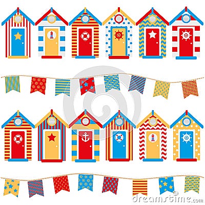 Seamless pattern beach huts, children`s wallpaper, print on clothes in a marine style Stock Photo