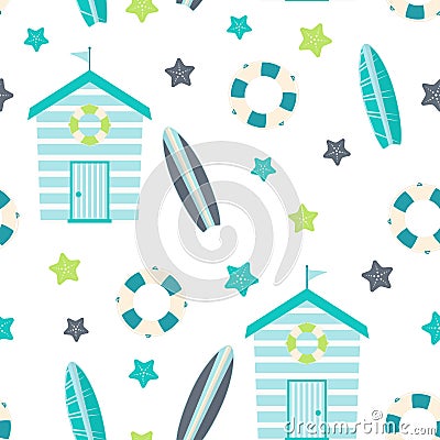 Seamless pattern with beach huts, nautical print on white background Vector Illustration