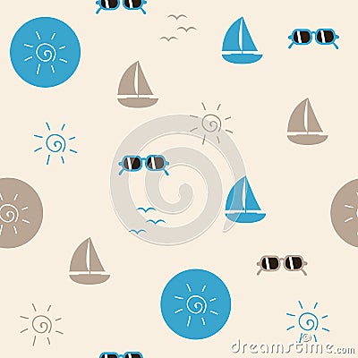 Seamless pattern beach life sail boat sunglasses and sun symbol Vector Illustration