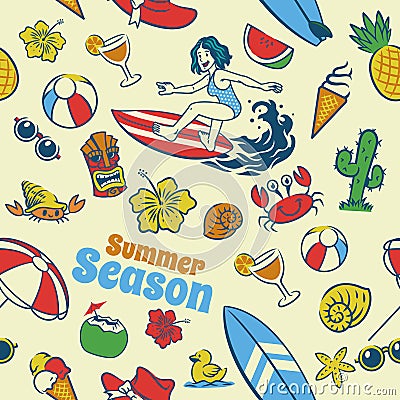 Seamless Pattern Beach Surfing Girl Summer Vector Illustration