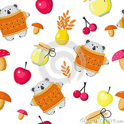 Seamless pattern bear and autumn harvest. Set of mushrooms, apples, berries, honey, leaves for the design of wallpaper, wrappers, Stock Photo