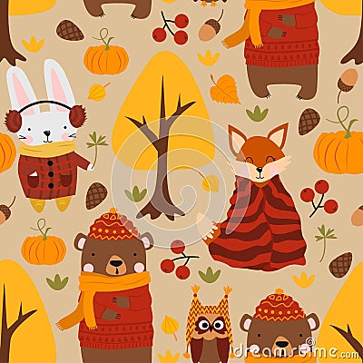 Seamless pattern with bear hare fox owl in the autumn forest - vector illustration, eps Vector Illustration