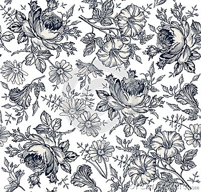 Seamless pattern. Realistic isolated flowers. Vintage background. Chamomile Rose Petunia wildflowers Drawing engraving Vector Vector Illustration