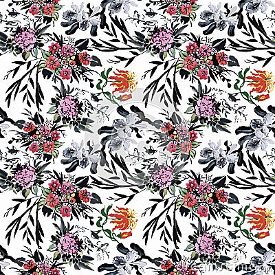 Seamless pattern with Beautiful flowers, Watercolor painting Vector Illustration