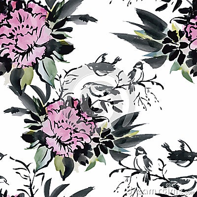 Seamless pattern with Beautiful flowers, Watercolor painting Vector Illustration