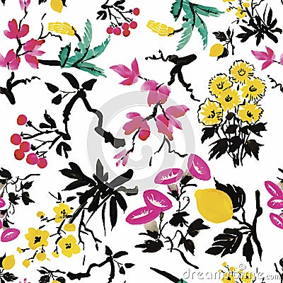 Seamless pattern with Beautiful flowers, Watercolor painting Vector Illustration