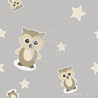 Seamless pattern, beautiful little owl and stras beige of colors Vector Illustration