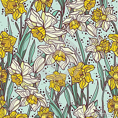 Seamless pattern with beautiful narcissus flowers in mosaic style Vector Illustration