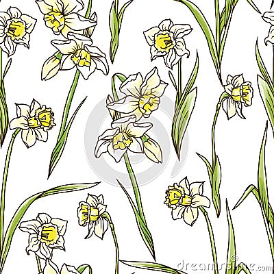 Seamless pattern with beautiful narcissus flowers in mosaic style Vector Illustration